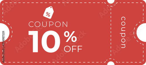 Red flat style 10% discount coupon ticket with dashed border, bold white text, and tag icon. Perfect for e-commerce, promotions, sales, retail, marketing, or seasonal offer banners.