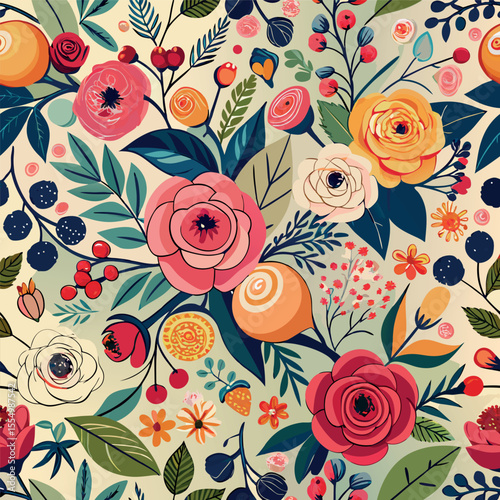 Floral Vector seamless pattern with roses garden flowers and plants, fruits, berries for fabric, textiles, clothing, wrapping paper, cover, banner, home decor