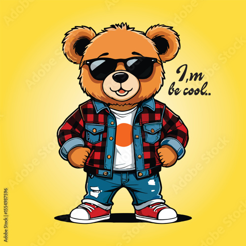 Cool cartoon bear wearing sunglasses and streetwear jacket on yellow background