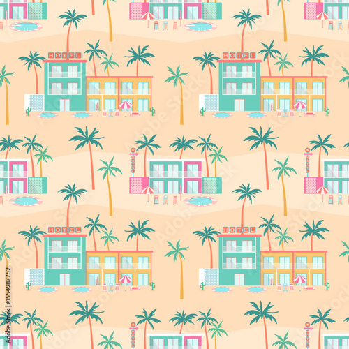 Tropical hotel seamless pattern. Poolside resort landscape with colorful hotel buildings, palm trees, sun loungers, parasols, retro motel signs on sand desert background in mid-century modern style