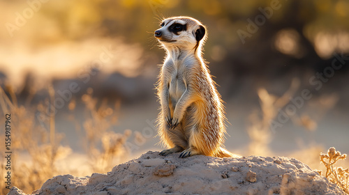 Meerkat standing alert on lookout point wildlife animal nature cute mammal suricate africa desert savanna 100