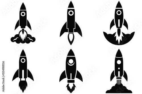 Collection of stylized black rocket ship icons in various launch and flight poses