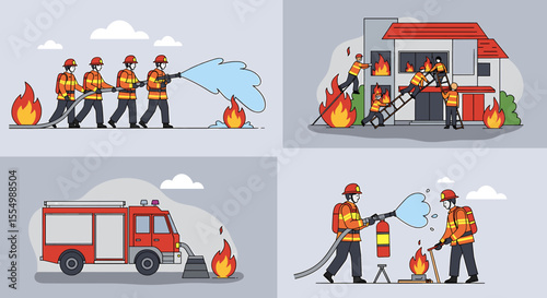 Firefighters battling blazes, rescuing people, and using fire trucks to extinguish flames.