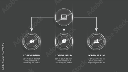 3D Glass Effect 3 Option Flow Chart – Business Infographic Vector with Icons for Web, Digital Media & Technology Design