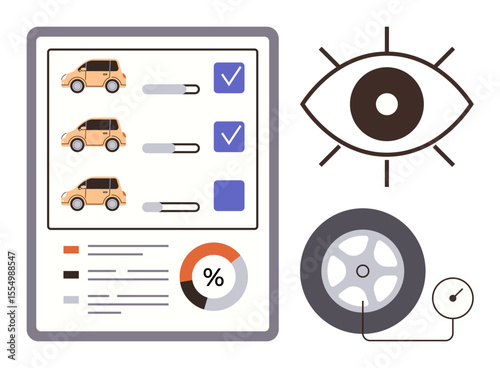 Cars lined up for selection on checklist, analytical chart, large eye for observation, and tire with pressure gauge. Ideal for vehicle maintenance, inspection, data analysis, selection process
