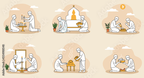 Illustrated Rituals Depicting Buddhist Practices with Candles, Offerings, and Prayer.