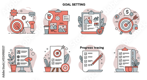 Illustrated Goal Setting and Progress Tracking Icons for Business Concepts