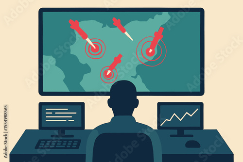 Man monitoring a world map with target markers on multiple computer screens