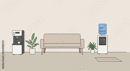 Minimalist Office Waiting Area with Coffee Machine, Water Cooler, and Sofa.