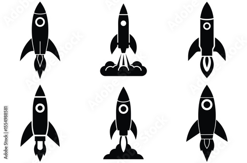 Collection of stylized black rocket ship icons in various launch and flight poses