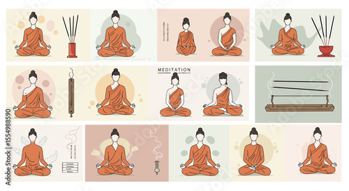Meditating Figures and Incense Sticks in Various Poses, Peaceful and Calm