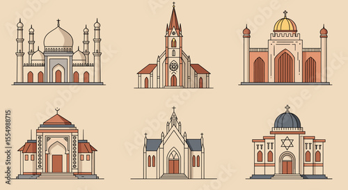 Simple Line Art Illustrations of Diverse Religious Structures