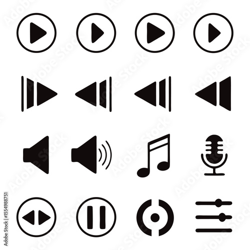 Media Player Icons Play, Pause, Rewind, Volume, and Music Note Symbols for UI Design