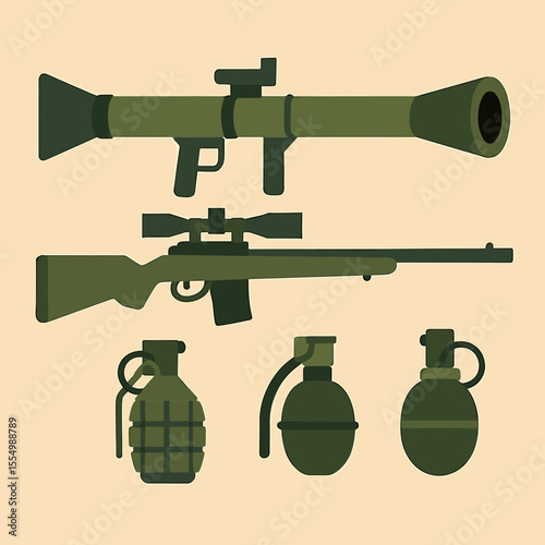 Assortment of Military Weapons: Rocket Launcher, Rifle, and Grenades, Flat Design.
