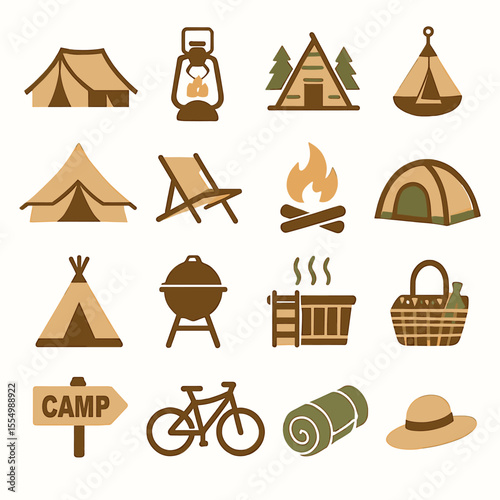 Collection of Camping Icons in Warm Earth Tones
