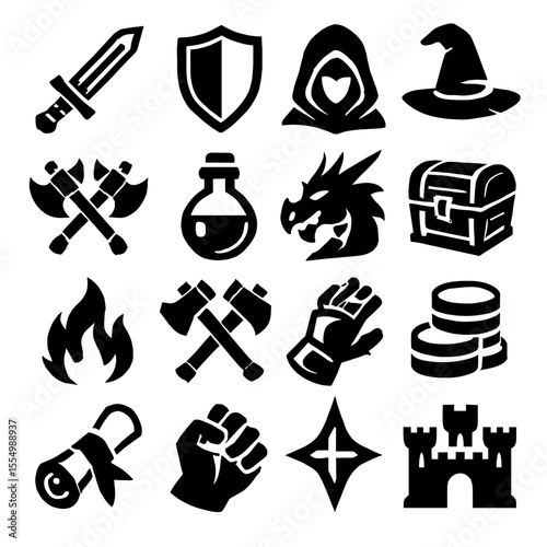 Collection of Fantasy Game Icons in Solid Black