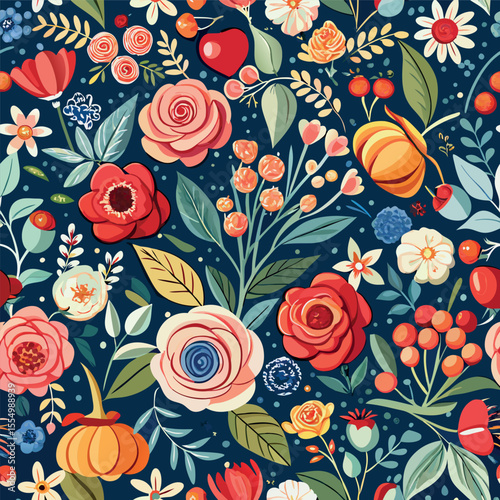 Floral Vector seamless pattern with roses garden flowers and plants, fruits, berries for fabric, textiles, clothing, wrapping paper, cover, banner, home decor