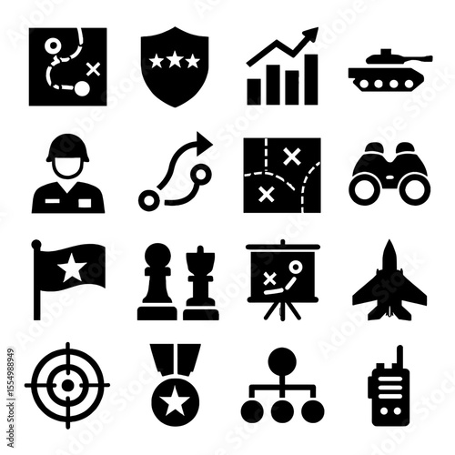 Collection of Military and Strategic Icons Depicting War and Planning.