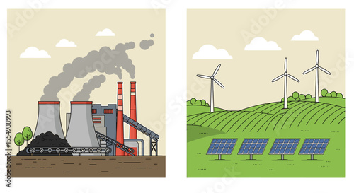 Contrasting Energy Sources: Fossil Fuel Plant Versus Renewable Energy Alternatives.