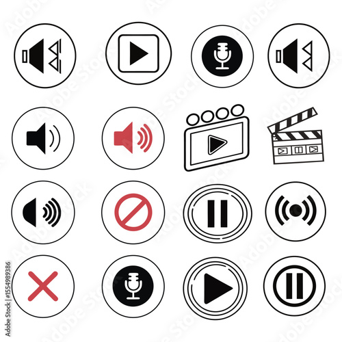 Media Player Icons Volume, Play, Pause, Record, Mute, and More