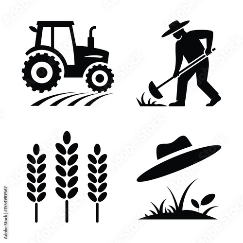 Farming Icon Set: A collection of flat design agriculture vector elements in monochrome, symbolizing cultivation, industry, and manual labor on fields.