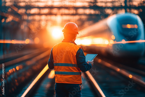 Male engineer at high-speed train station during sunset