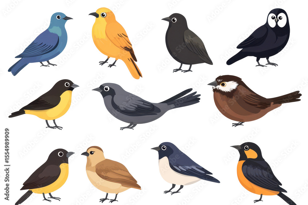 Obraz premium Collection of vector icons featuring various city birds in a colorful and engaging design perfect for nature and wildlife enthusiasts