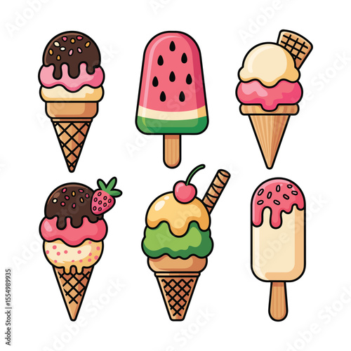 Sweet Summer Treats: A delightful assortment of colorful ice cream, capturing the essence of joy and the refreshing taste of summer in a vibrant and playful illustration.