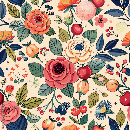 Floral Vector seamless pattern with roses garden flowers and plants, fruits, berries for fabric, textiles, clothing, wrapping paper, cover, banner, home decor