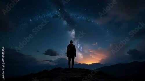 Person gazes at the mesmerizing milky way galaxy with dreamy cosmic sky views from a mountaintop silhouette.