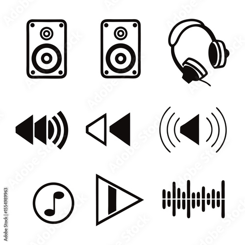 Audio Icons Speakers, Headphones, and Music Playback Controls