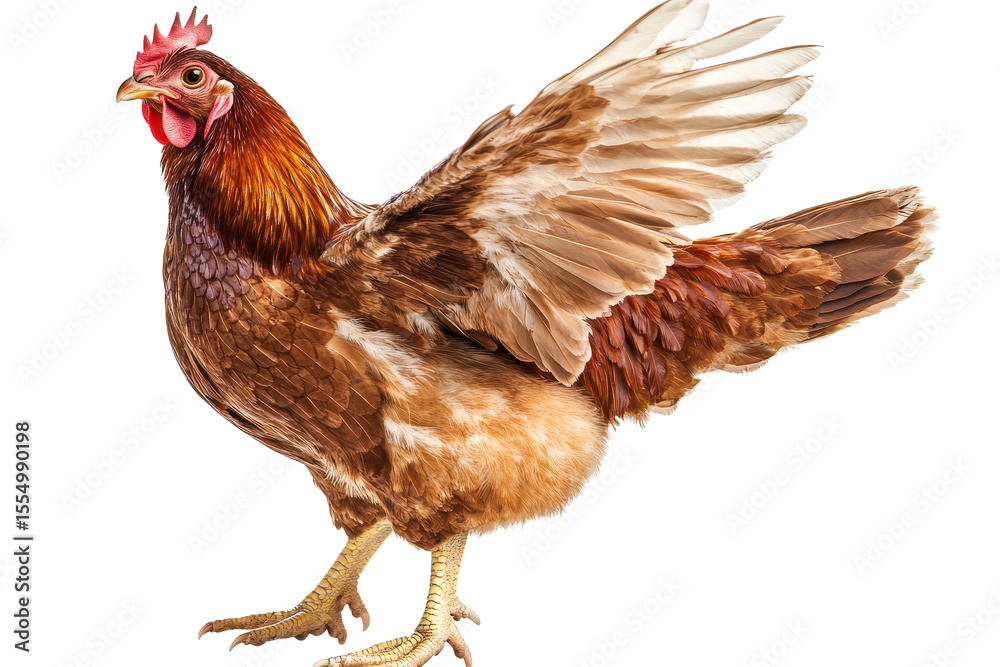 Fototapeta premium Noble hen flapping her beautiful wings in a bright setting showcasing her vibrant feathers and elegant posture