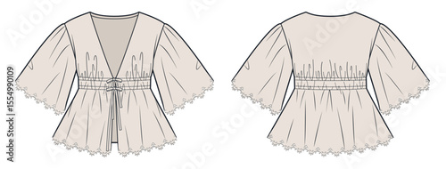 Embroidered Flare Sleeve Blouse Technical Fashion Illustration. Boho Top fashion flat technical drawing template, bow tie front, v neck, relaxed fit, front and back view, beige, women CAD mockup.