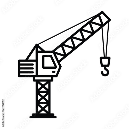Construction Crane Icon: A monochrome depiction of a towering construction crane, capturing its essential components and structural integrity for architectural visualization.
