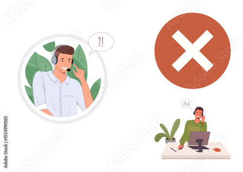 Confused headset-wearing agent with speech bubble and unhappy customer at desk beside red cross. Ideal for customer service, communication issues, frustration, support challenges, problem-solving