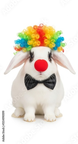 rabbit dressed as a clown with a colorful wig, red nose, and bow tie. Humorous and surreal animal portrait on white background