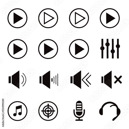 Multimedia Icons Play, Volume, Audio, Music, and Recording Controls