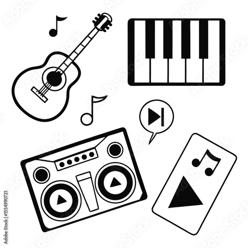 Musical Instruments and Audio Equipment Icons Guitar, Piano, Boombox, and MP3 Player