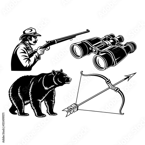 Hunter with rifle bear bow and binoculars