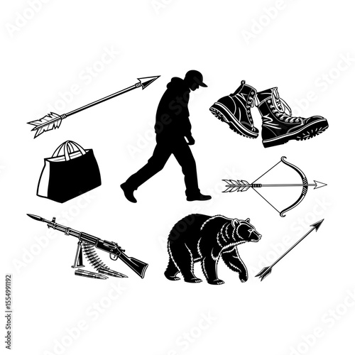 Silhouette of man bear and hunting tools