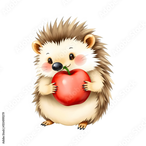 Tiny hedgehog with a red apple. 