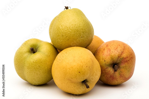 A still life composition features five ripe pears showcasing a spectrum of green and yellow colors with some exhibiting subtle red blush all presented against a stark white backdrop