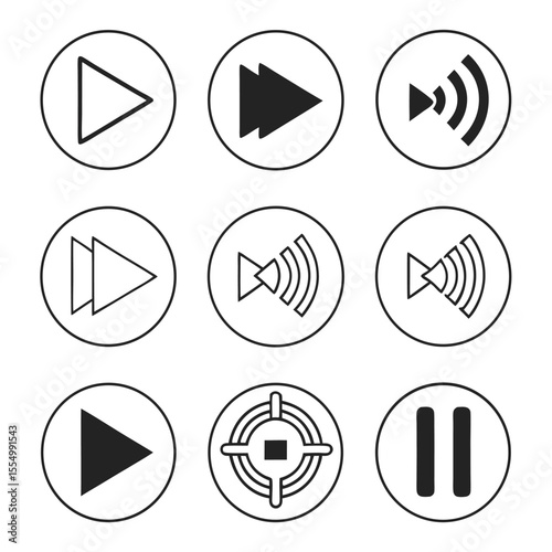Media Player Control Icons Play, Pause, Fast Forward, Rewind, Volume - Vector Graphics