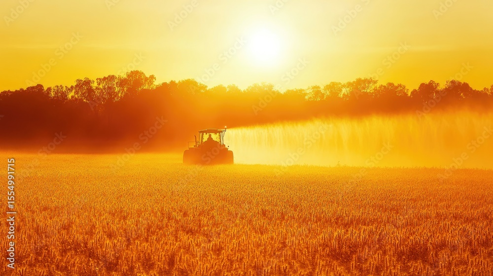 Fototapeta premium Tractor spraying a field at sunrise.