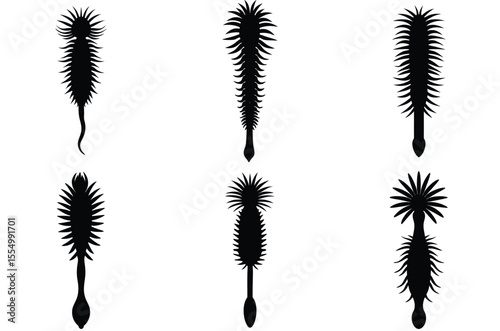 Six silhouettes of ancient cambrian marine worms with spiky appendages