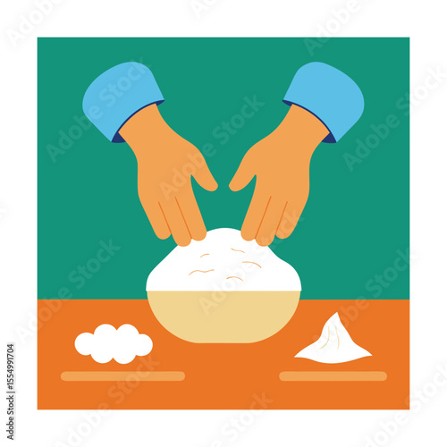 Hands Kneading Dough on Rustic Wooden Table