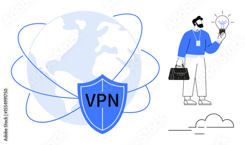 Global VPN shield with security loops around Earth. Man holding lightbulb for data privacy, cybersecurity. Ideal for technology, safety, privacy, encryption, online, networking innovation simple