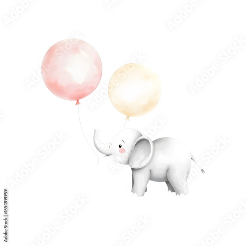 Tiny baby elephant holding soft pastel balloons.