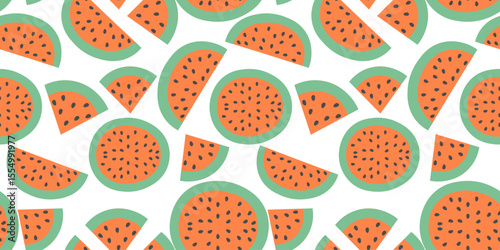 seamless pattern with watermelon pieces in doodle style. Ornament for decor postcard design print poster background wallpaper wrapping packaging textile banner backdrop