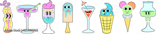 cocktails and ice cream characters set in doodle style. elements for mascot decor postcard design print sticker poster background